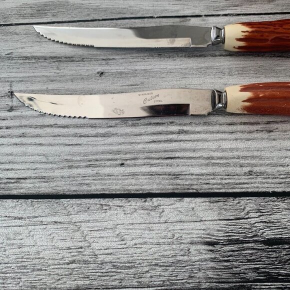 Vintage Cutron Stainless Steel Steak Knives Faux Antler Brown Set of Six in Box - Picture 6 of 7